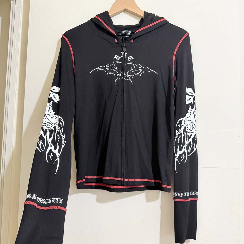 NWT Civil Regime Black Gothic Zip-Up Hoodie Long Sleeve Y2K Grunge Large